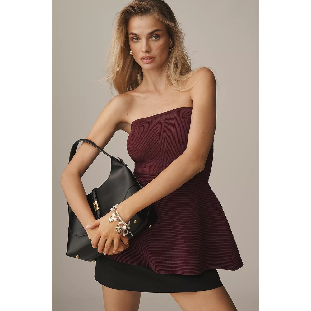 Maeve Anthropologie Strapless Ribbed Peplum Knit Tube Top Berry Burgundy XL